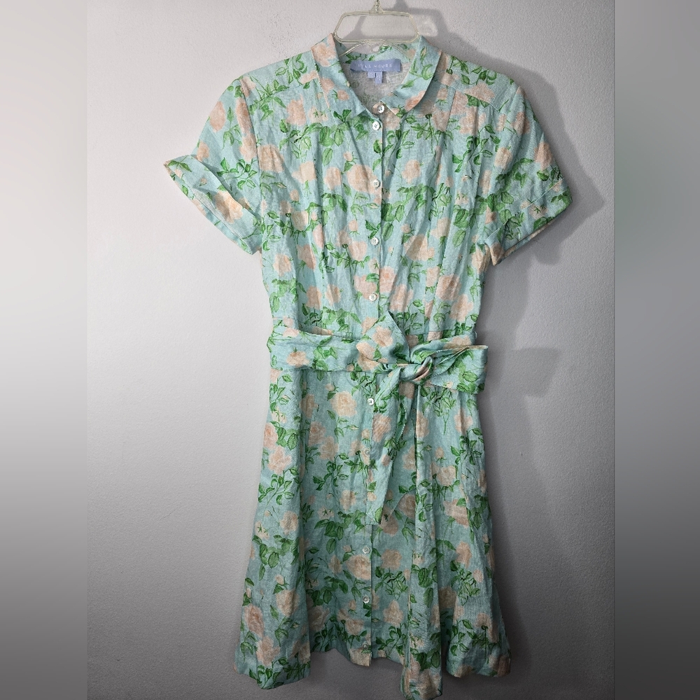Hill House Blue Roses Linen Laura Floral Dress w Collar Pockets &Button…